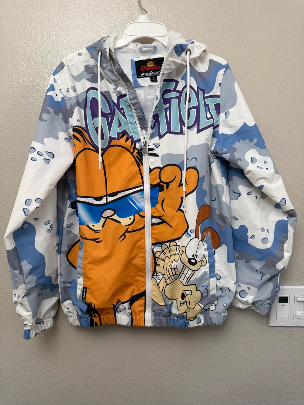 Members Only Garfield Hooded Windbreaker - Orange, Blue & White